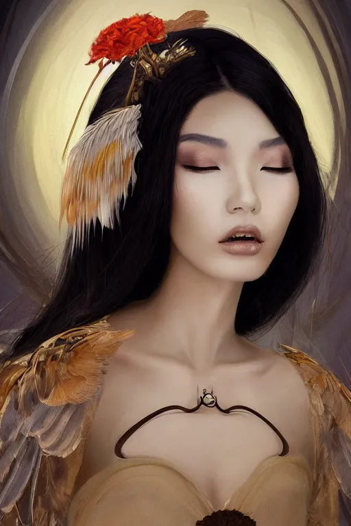 Image similar to a professional painting of a beautiful fallenangel geisha , olive skin, long dark hair, beautiful bone structure, symmetrical facial features, intricate, elegant, digital painting, concept art, smooth, sharp focus, illustration, by Ruan Jia and vitaly bulgarov and andrew nash and and Mandy Jurgens and musha and Artgerm and William-Adolphe Bouguerea