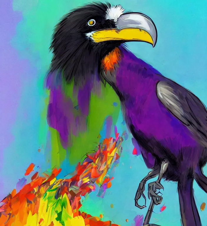 Prompt: colorful illustration of happy raven bird, by zac retz and junji ito