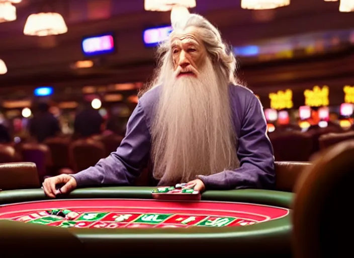 Image similar to film still of gandalf gambling in a casino in new hangover movie, 8 k