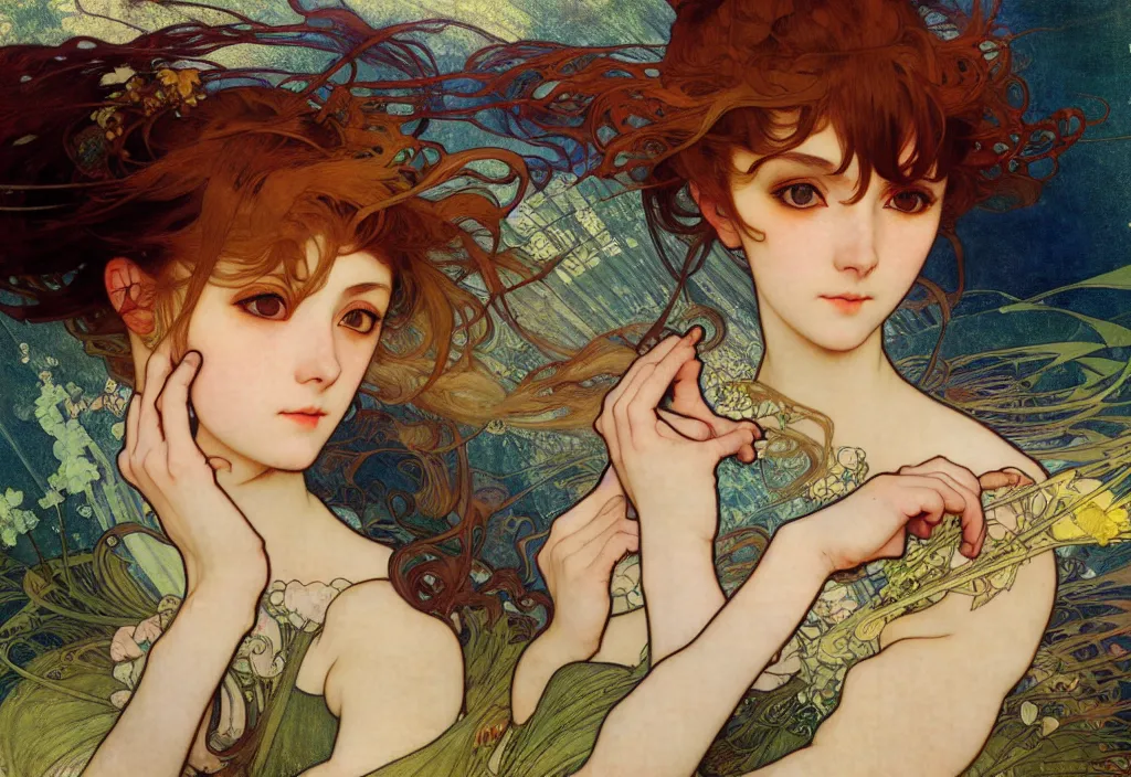 Image similar to anime girl portrait of highly details, solarpunk style,, by egon shiele and alphonse mucha, with influence of jeremy mann, peter lindbergh, dave mckean, maurice sapiro, and frank moth, soft lightning, highly detailed, 8 k