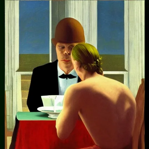 Image similar to a demon takes you out for a nice dinner by Raphael, Hopper, and Rene Magritte. detailed, romantic, enchanting, trending on artstation.