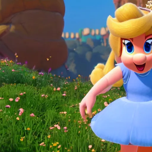 Image similar to an in-game screenshot of Adele as Princess Peach in Super Mario Odyssey