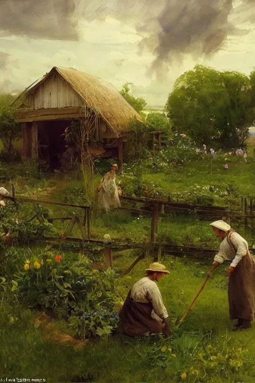 Image similar to simple amish farmers tending to their cottage vegetable gardens, art by anders zorn, wonderful masterpiece by greg rutkowski, beautiful cinematic light, american romanticism thomas lawrence, greg rutkowski