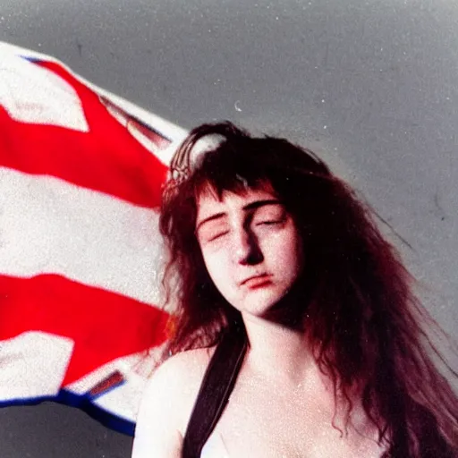 Image similar to 1 9 - year - old girl in a traditional doom metal band, new wave of british heavy metal, live in concert, live 1 9 8 6, united kingdom flags, union jack, playing electric guitar, headbanging crowd of longhairs, audience of longhairs, super 8 mm, grainy photo, colorized