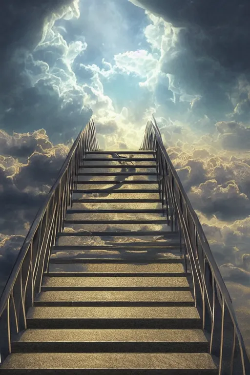 Image similar to infinite stairs rising to the heaven in the middle of the sky, concept art, octane render, unreal engine 5, digital painting, hyperrealistic, highly detailed, high quality, 8 k hdr, digital art, clouds in the sky, breathtaking view, path traced, god, godrays, beautiful, elegant, harmonious, complementary colors, natural lighting