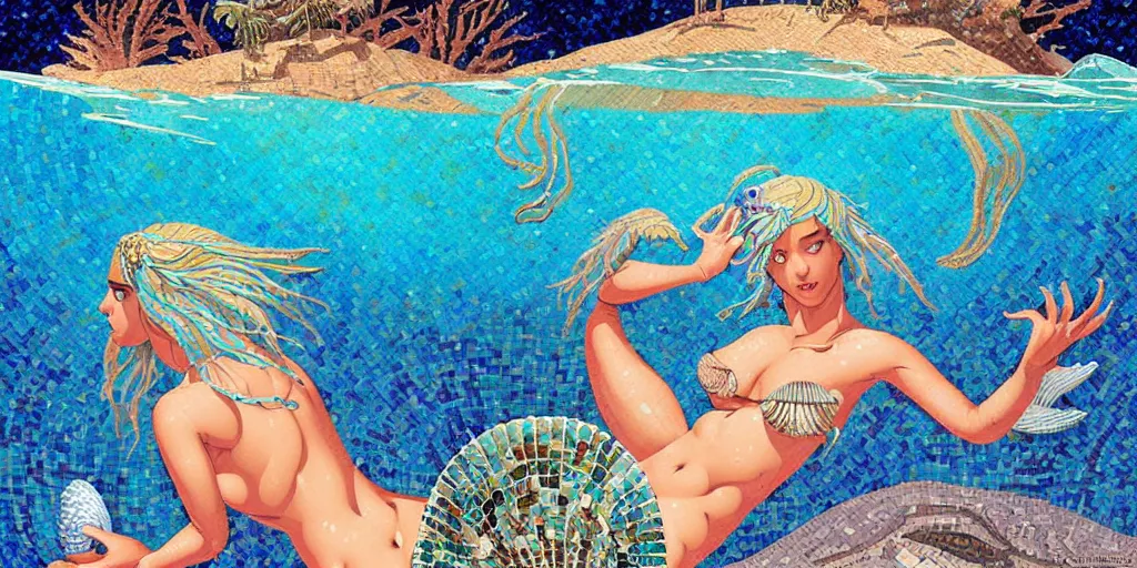Prompt: ancient roman mosaic of bluehair mermaid with a shell bikini on sea floor, low ceiling, illustration by moebius, rhads, dan mumford, josan gonzales, clean thick line, comics style