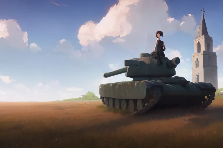 Image similar to a tank with a church as tanktower, scene in an open field. key visual, conceptart, ambient lighting, highly detailed, digital painting, artstation, concept art, sharp focus, by makoto shinkai and akihiko yoshida and greg manchess