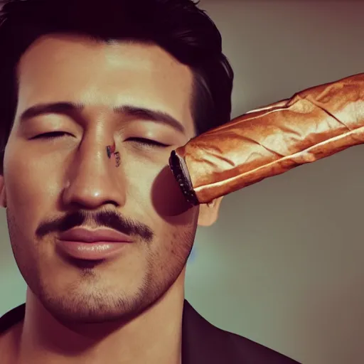 Image similar to a closeup photo of handsome gigachad markiplier smoking a cigar, 8k photorealism, extremly detailed, trending on artstation