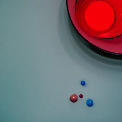 Prompt: a red bowl filled with blue glowing spheres, photograph,