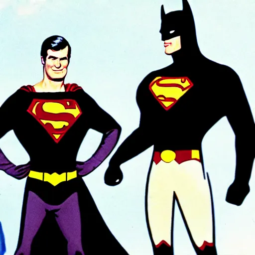 Image similar to adam west batman teams up with superman on the 1 9 6 6 batman tv show