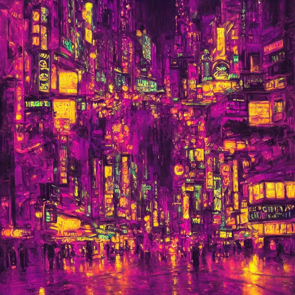 Image similar to a neon cityscape of purple in the style of delphin enjolras. night life. seedy. intricate. highly detailed.