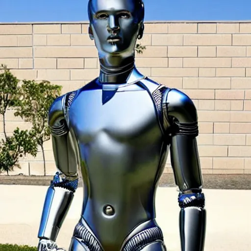 Image similar to a realistic detailed photo of a guy who is an attractive humanoid who is half robot and half humanoid, who is a male android, soccer player martin ødegaard, shiny skin, posing like a statue, blank stare, by the pool, on display, showing off his muscles, humanoid robot, frozen ice statue