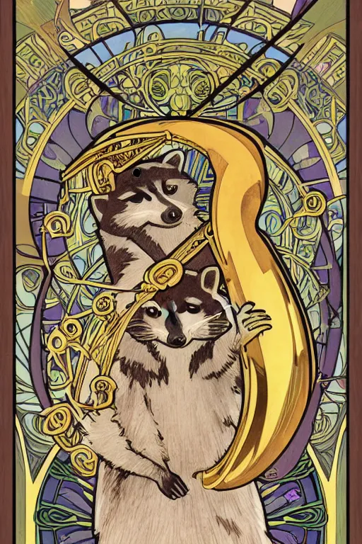 Prompt: Tarot card illustration of The Raccoon Playing a Tuba, illustration by Alphonse Mucha, art nouveau style, elaborate details, 4k