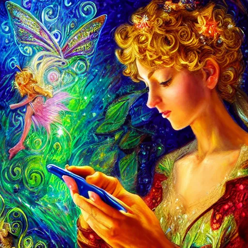 Image similar to a fairy checking her cell phone by senior concept artist josephine wall, acrylic on canvas, intricately detailed, high resolution trending on artstation