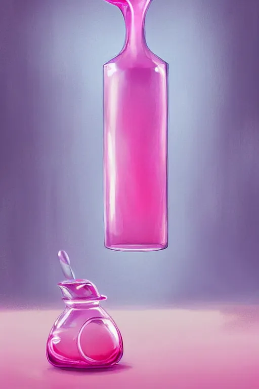 Prompt: Concentrated Potion Bottle of Pink Liquid on a Table, Pink Vapor is leaking from the top, digital art, illustration by WLOP, fantasy, magic