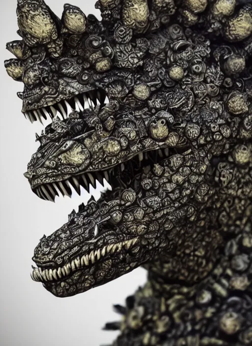 Prompt: closeup profile portrait of tin toy godzilla, depth of field, zeiss lens, detailed, symmetrical, centered, fashion photoshoot, by nicoletta ceccoli, mark ryden, lostfish, breathtaking, 8 k resolution, extremely detailed, beautiful, establishing shot, artistic, hyperrealistic, octane render