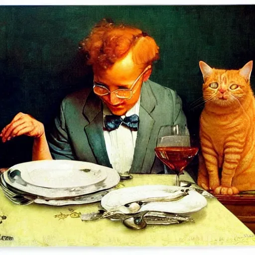 Image similar to fat orange tabby cat next to curly haired man and lasagna on table, norman rockwell