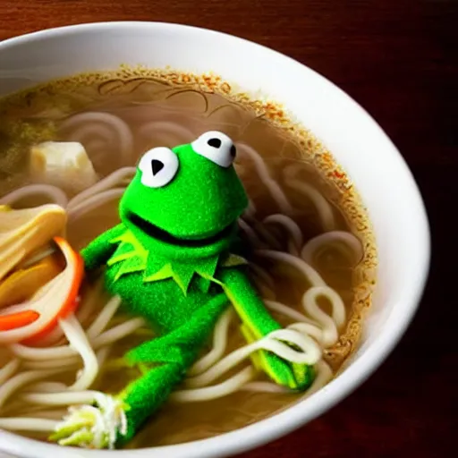 Image similar to muppet submerged in a bowl of noodle soup