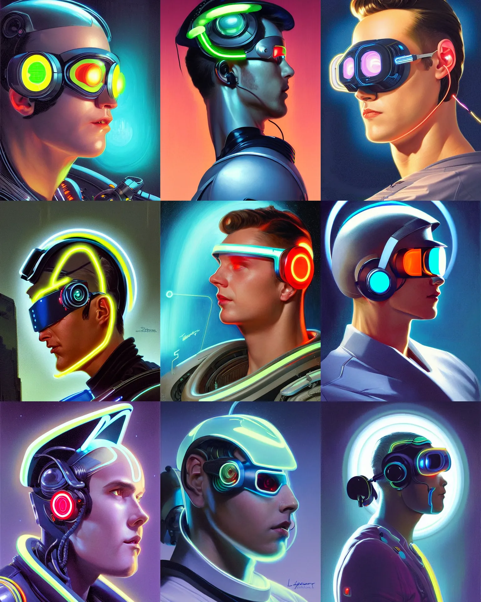Prompt: sillouete side view future coder man, stylized cyclops display over eyes and sleek glowing headset, neon accents, holographic colors, desaturated headshot portrait digital painting by leyendecker, donato giancola, philip coles, ivan bilibin, john berkey, astronaut cyberpunk electric lights profile