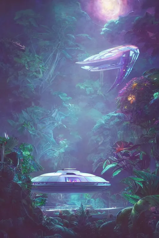 Prompt: multi level spaceship botanical garden in space, by artgerm, tom bagshaw, gerald brom, vaporwave colors, lo - fi colors, vaporwave, lo - fi, moody vibe, goth vibe, rendered by substance designer, cel shading, toon shading, smooth,