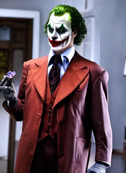 Image similar to film still of tom selleck as the joker in the dark knight, 4 k