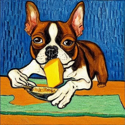 Prompt: a painting of a boston terrier eating cheese, in the style of van gogh, highly detailed