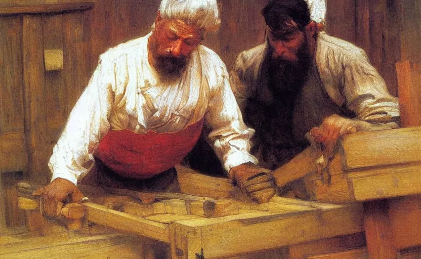 Image similar to high quality high detail painting by ilya repin, carpenter working, hd