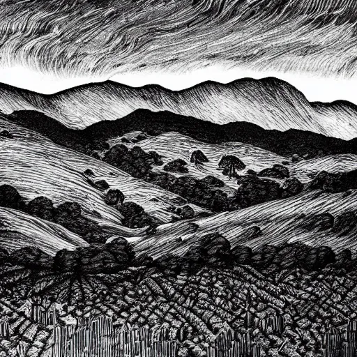 Image similar to Fields and mountains by Kentaro Miura, highly detailed, black and white