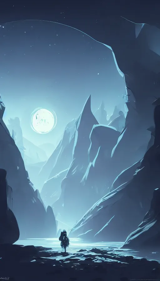 Image similar to concept art by jama jurabaev, cel shaded, cinematic shot, trending on artstation, high quality, brush stroke, lonely crystal cave under moonlight reflection, and the streams are dotted with stars