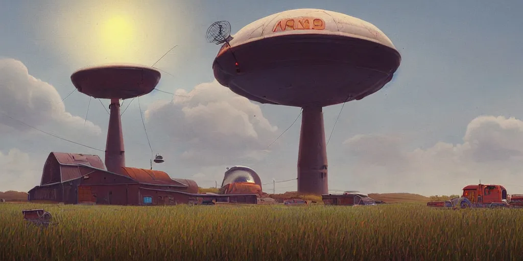 Prompt: ufo over a farm in rural america by simon stalenhag, painting, art station trending