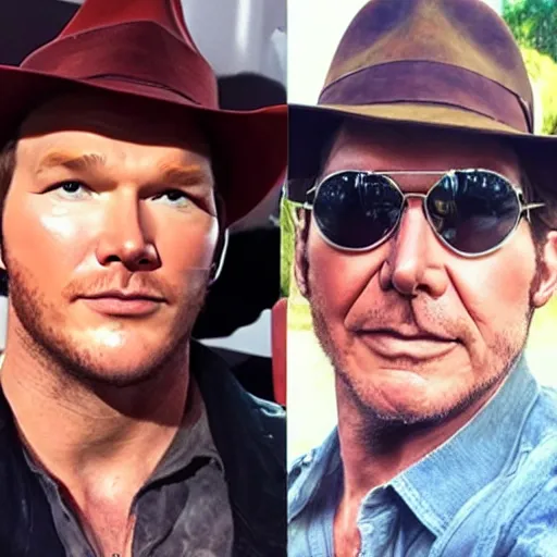 Prompt: chris pratt as indiana jones 5, epic pose, selfie with harrison ford