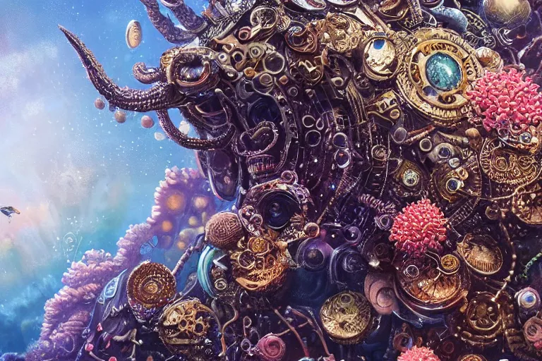 Image similar to beautiful painting close up of a huge caretta wearing a steampunk armour of jewels incrusted with clocks in vast ocean coral reef, water bubbles, intricate details, jewel fishes, two magnificent jelly fish, realistic shaded , steampunk, highly detailed, artstation, illustration Greg Rutkowski , octane render, 4k, dynamic light, volumetric light, neon lights, cinematic mood