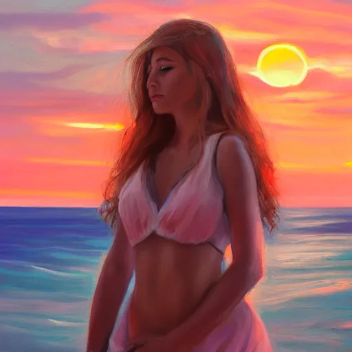 Image similar to an influencer girl portrait, sunset, ocean in distance, oil painting, pale colors, high detail, 8 k, wide angle, trending on artstation,