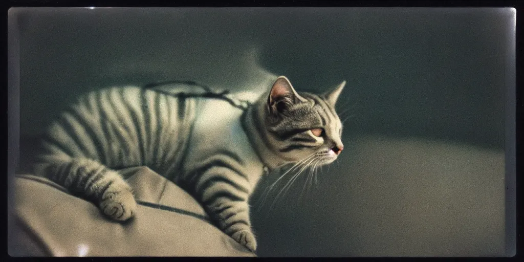 Image similar to detailed medium format photo, polaroid still from tarkovsky movie, cat in a spacesuit, haze, high production value, intricate details, 8 k resolution, hyperrealistic, hdr, photorealistic, high definition, tehnicolor, award - winning photography, masterpiece, amazing colors