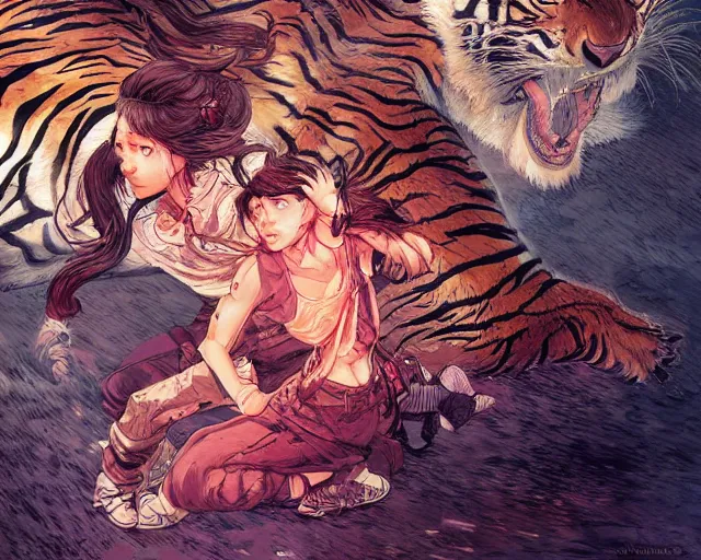 Image similar to a girl fighting a tiger, full shot, ambient lighting, detailed, art by ayami kojima, makoto shinkai, kilian eng