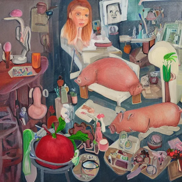 Prompt: a self - portrait in a female artist's bedroom, a female pathologist with a piglet, a pomegranate, pork, surgical equipment, handmade pottery, plants in beakers, feminine, sensual, octopus, squashed berries, pancakes, neo - expressionism, surrealism, acrylic and spray paint and oilstick on canvas