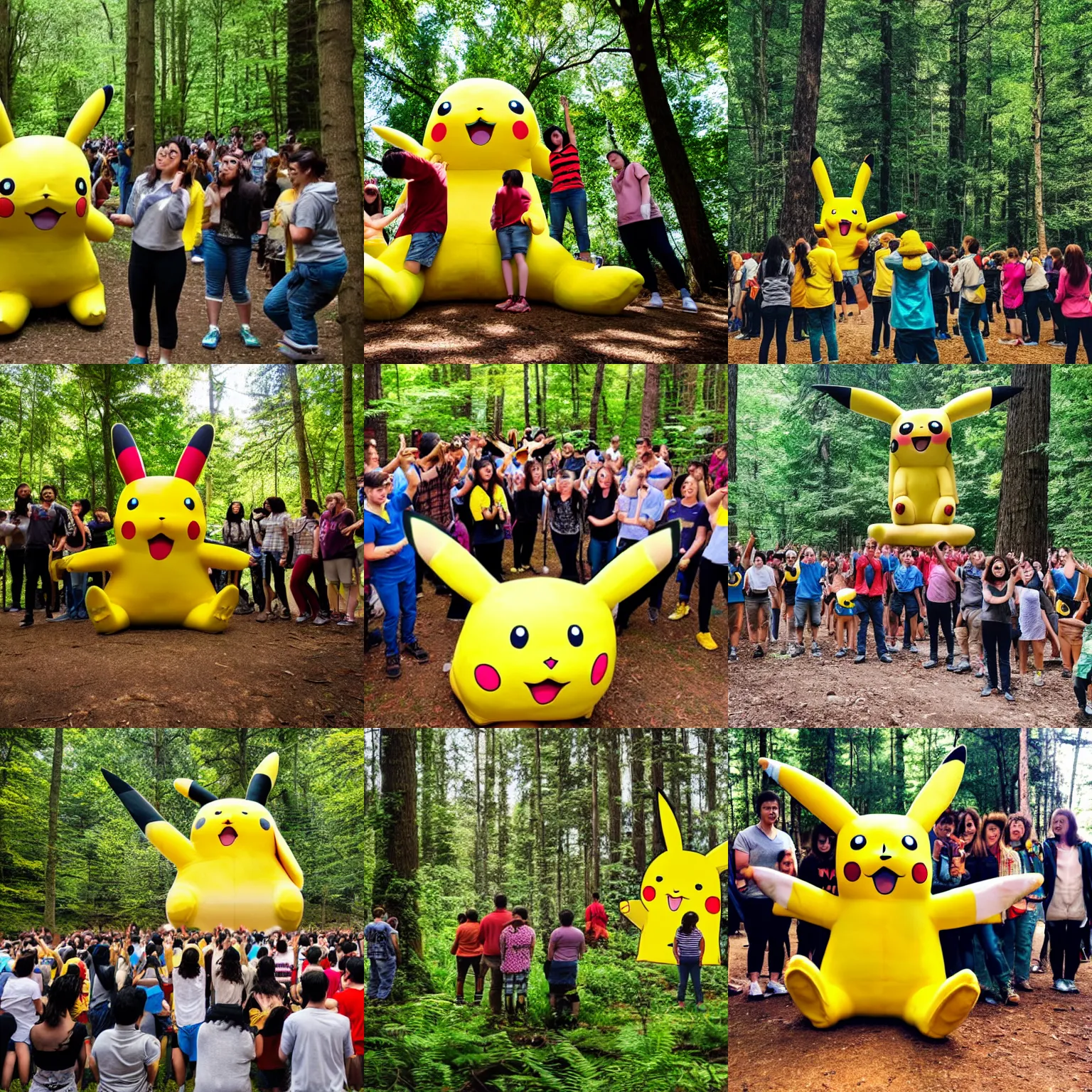 Prompt: photograph of a group of people worshipping a giant pikachu in the forest