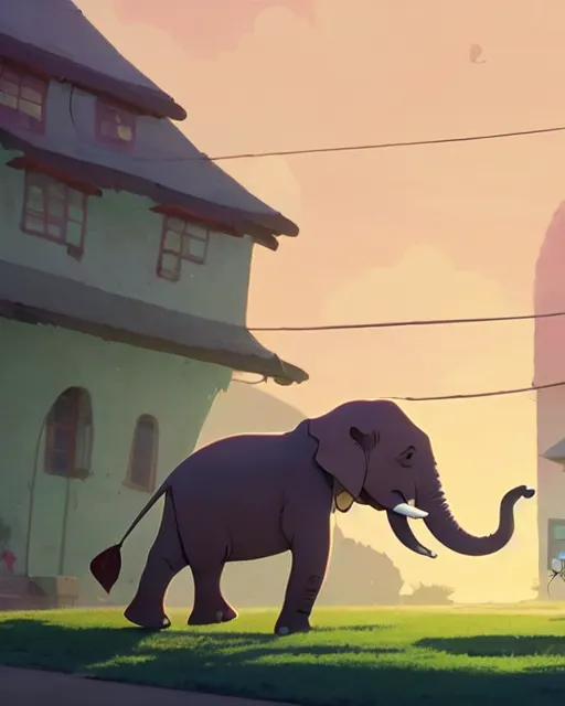 Prompt: an elephant with a house on his back walking though the streets of a beautiful town, cory loftis, james gilleard, atey ghailan, makoto shinkai, goro fujita, studio ghibli, rim light, exquisite lighting, clear focus, very coherent, plain background, soft painting