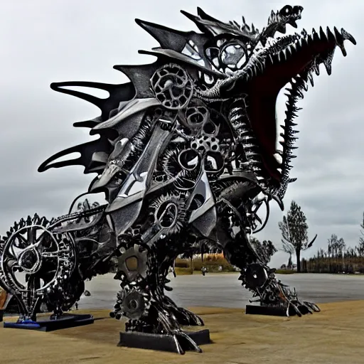 Image similar to colossal metal dragon made of clockwork and gears, flying through the clouds