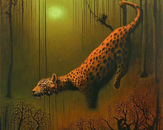 Image similar to Beksinski painting. Jaguar in a dark misty jungle, painted by Beksinski