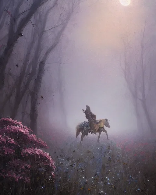 Prompt: Hyper realistic oil painting of a knight covered in flowers, fog, volumetric lighting, nighttime, moonlight, creepy, by greg rutkowski