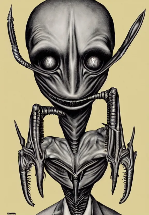 Image similar to one famous person, simple, simplicity, subgenius, x - day, aliens, weird stuff, occult stuff, knives, giger ’ s alien, illuminati, muted colors, hyperrealism