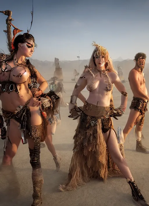 Prompt: hyper realistic photography of burningman pagan medieval festival warrior curvy partygirl cinematic, vallejo, julie bell, craig mullins greg rutkowski,