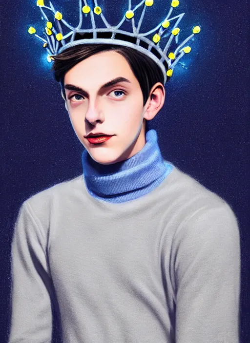 Image similar to portrait of teenage jughead jones wearing a light grey crown, crown, blue turtleneck, 1 9 5 0 s, closed eyes, photorealistic, black hair, glowing lighting, intricate, elegant, glowing lights, highly detailed, digital painting, artstation, concept art, smooth, sharp focus, illustration, art by wlop, mars ravelo and greg rutkowski