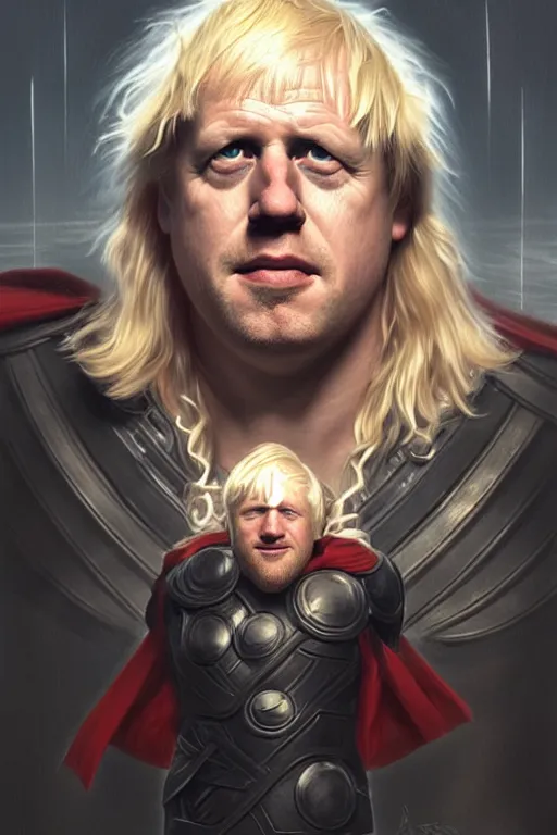 Prompt: Boris Johnson as Thor, realistic portrait, symmetrical, highly detailed, digital painting, artstation, concept art, smooth, sharp focus, illustration, cinematic lighting, art by artgerm and greg rutkowski and alphonse mucha