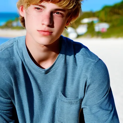 Prompt: portrait of a beautiful teenage boy around 2 0 yo. natural blonde hair, pale skin. beach background. detailed face.