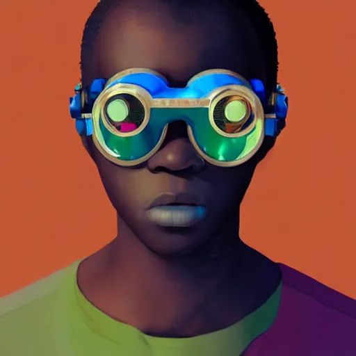 Image similar to colourful vfx upper half - portrait - art of a nigerian boy wearing steam punk goggles, art by hsiao - ron cheng & james jean, digital render, digital illustration, concept art, caricature, volumetric light, ray tracing, symmetrical, unreal engine, octane 3 d render, sharp, detailed, intricate detail, pinterest, behance, art station,