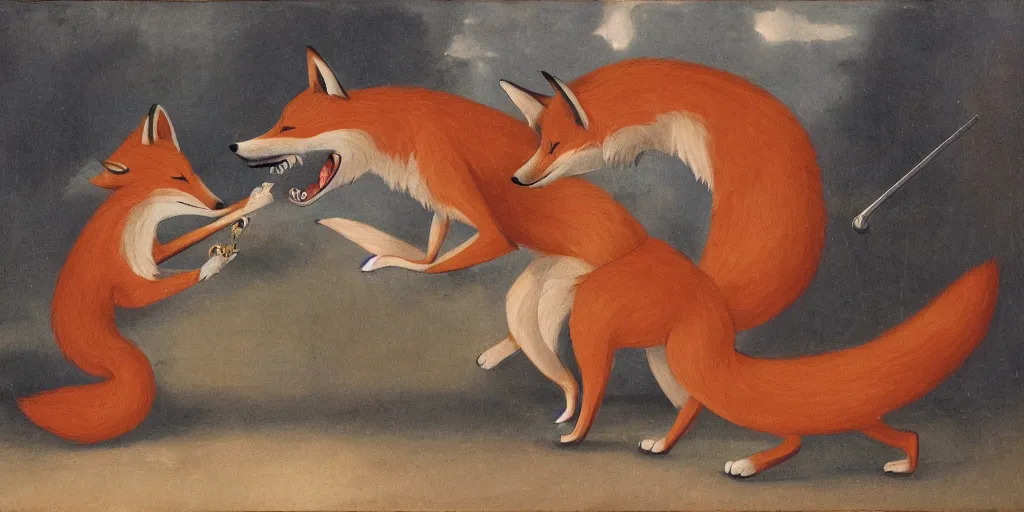 Image similar to anthropomorphic fox fighting a mechanical monster