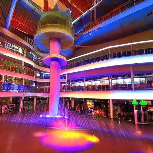Prompt: A vast 80s shopping mall interior with an enormous water feature, water fountain, water falls, photo taken at night, neon pillars, large crowd, red brick