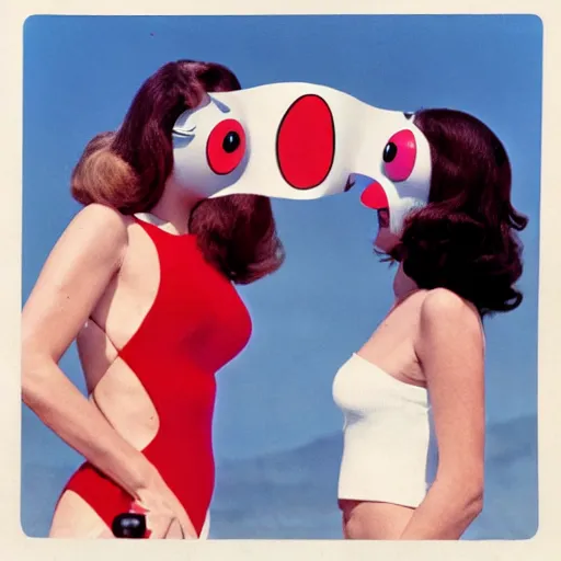 Prompt: 1969 twin women on tv show wearing an inflatable mask long prosthetic snout nose with googly eyes, soft color wearing a swimsuit at the beach 1969 color film 16mm holding a hand puppet Fellini John Waters Russ Meyer Doris Wishman old photo